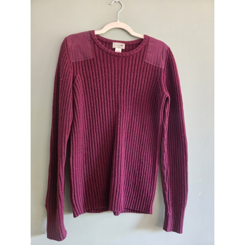 VTG LL Bean Commando Sweater Merino Wool Burgundy Elbow Shoulder Patch Medium